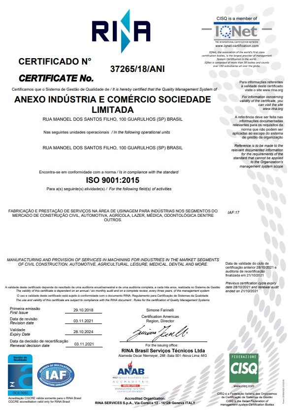 Certificação ISO 9001:2015 da Anexo Usinagem